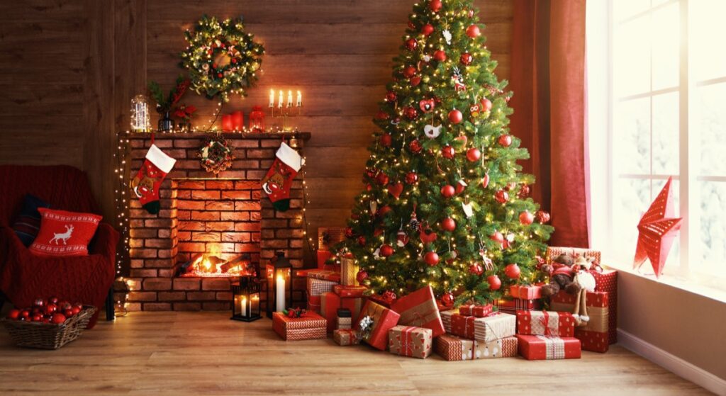 Interior,Christmas.,Magic,Glowing,Tree,,Fireplace,And,Gifts