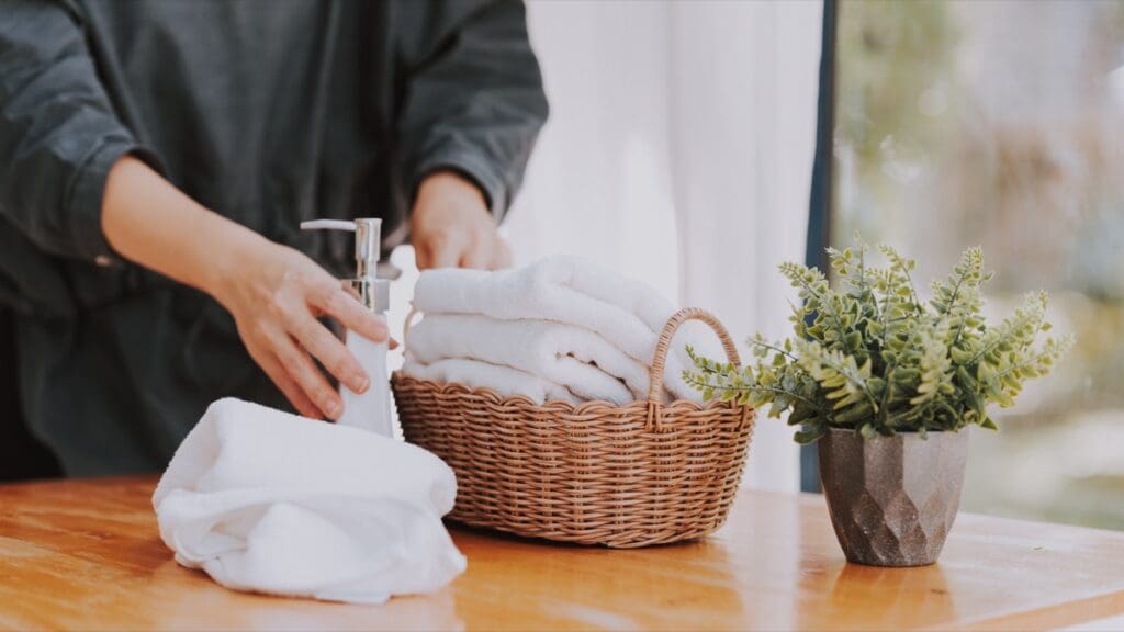 Room,Service.,Woman,Changing,Towels,In,Hotel,Room.,Housecleaner,Putting