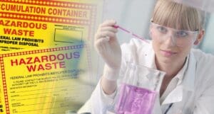 female researcher holding up a test tube in lab