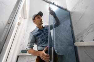 Handyman,Installing,Glass,Cabinet,In,Bathroom.
