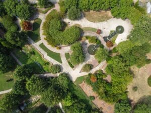 Overhead,View,Of,Hardscape,At,Public,Garden,And,Park,In