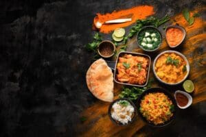 Assorted,Indian,Food,On,Black,Background..,Indian,Cuisine.,Top,View