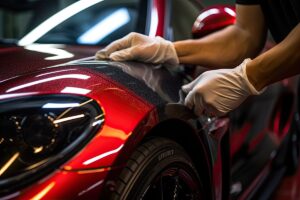 Close up of a auto body mechanic buffing a scratch on sports car